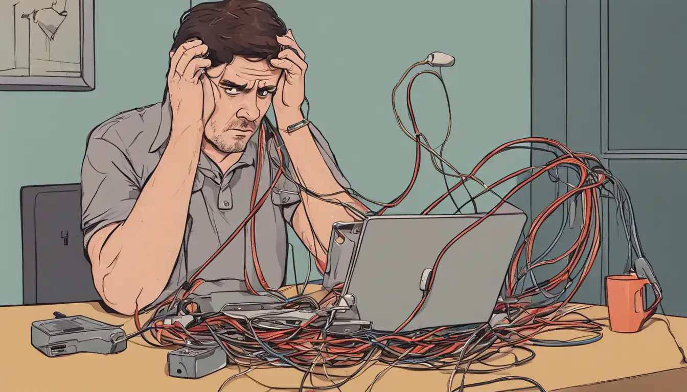 A person confused by multiple tangled wires, looking overwhelmed and frustrated, trying to untangle them.