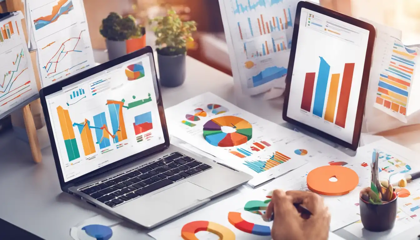 A person analyzing SEO data on a laptop, surrounded by colorful graphs and charts.