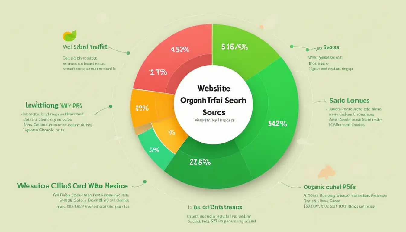 A colorful pie chart showing website traffic sources, highlighting organic search with vibrant green.