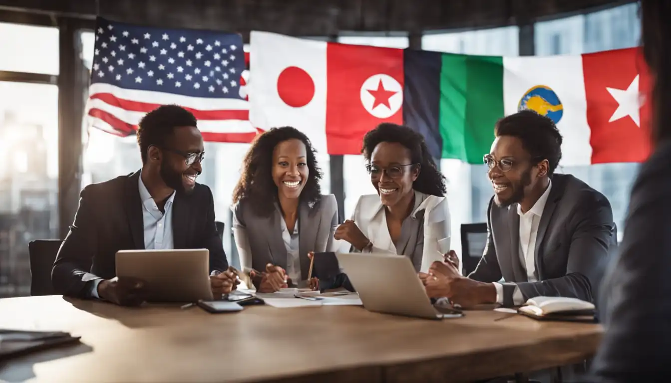 A diverse group of business professionals collaborating on a project, with global flags in the background.