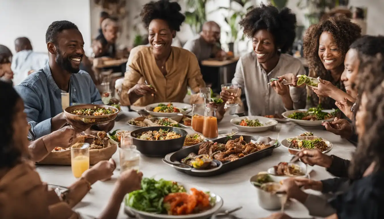 A diverse group of people enjoying a meal together, representing global unity and cultural diversity.