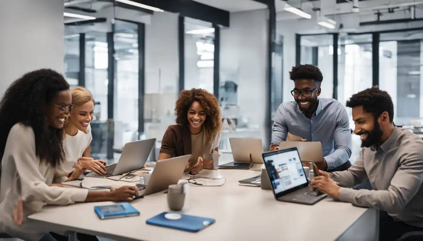 A diverse group of people interacting with personalized digital content on various devices in a modern office setting.