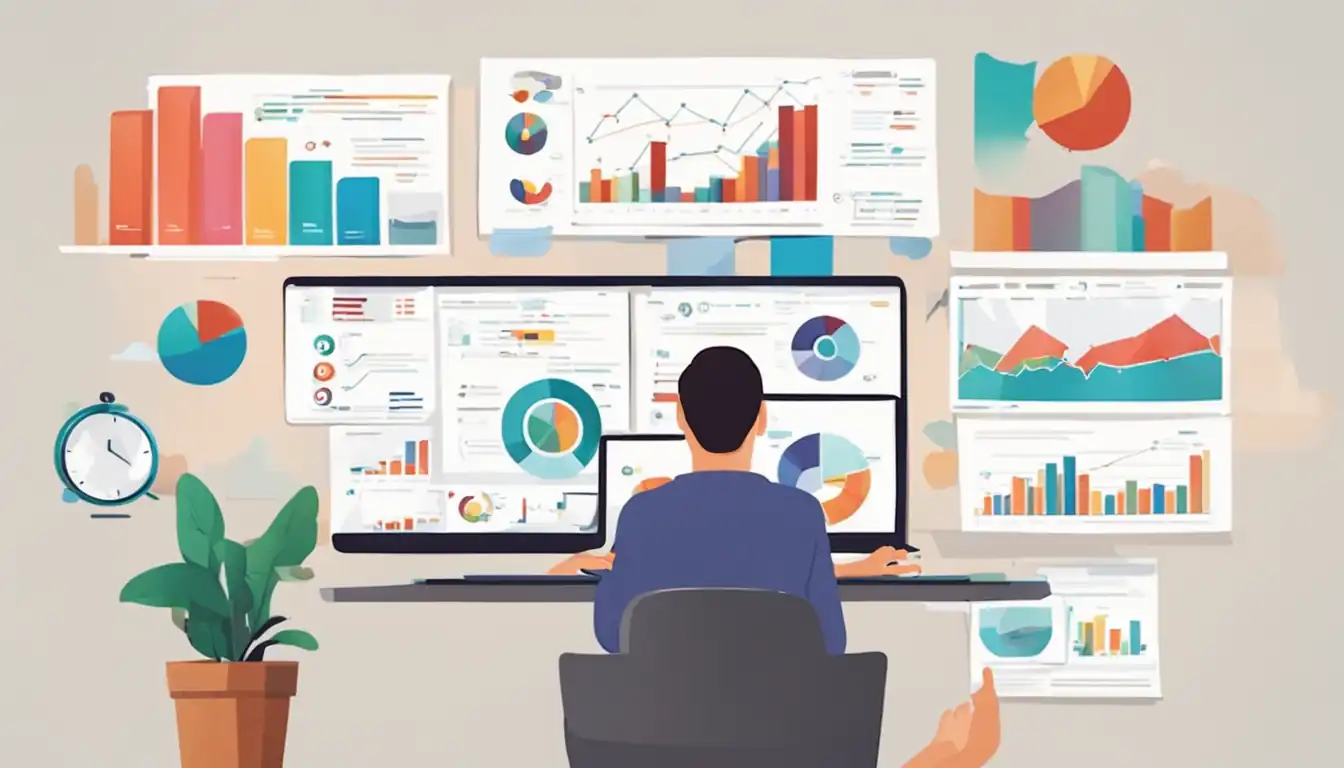 A person analyzing SEO content on a laptop, looking focused and determined, surrounded by colorful charts.