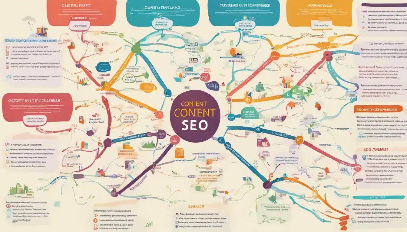 A colorful mind map with interconnected branches representing various aspects of content planning for SEO.