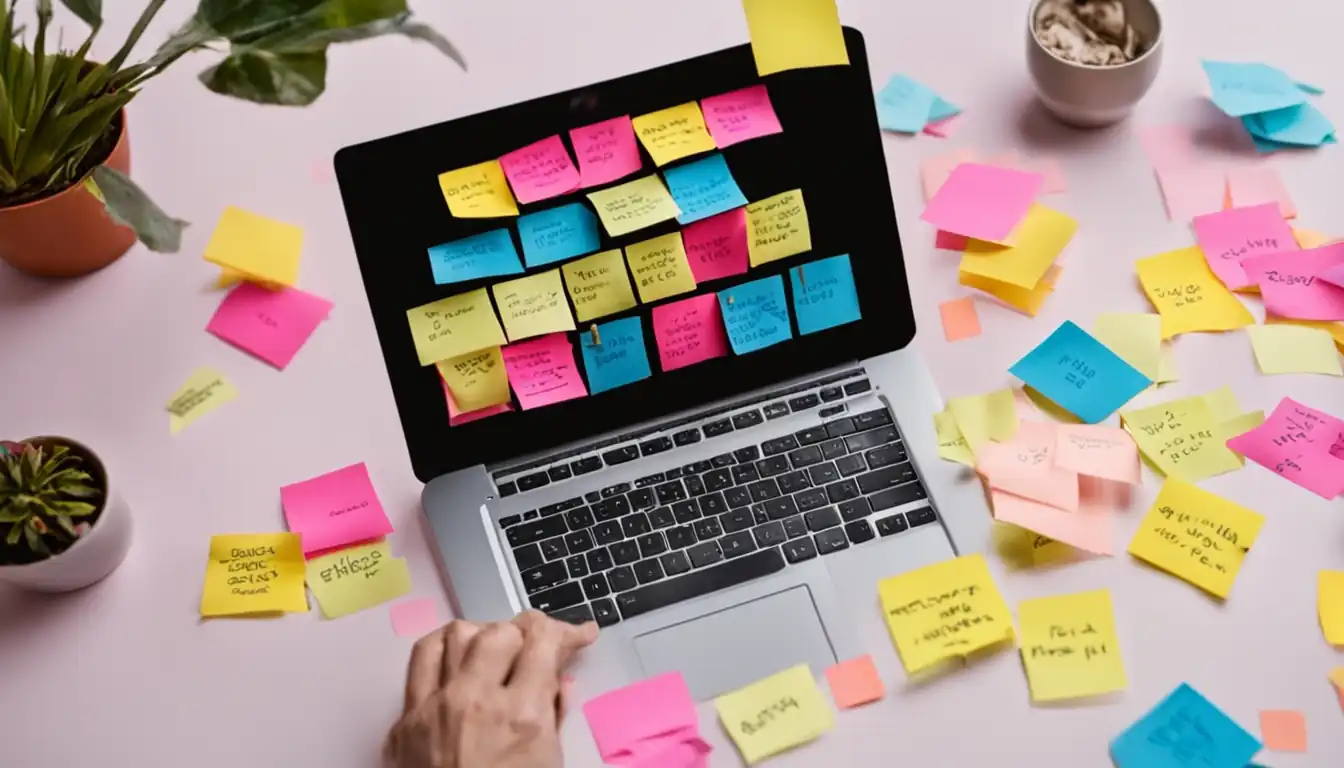 A person typing on a laptop surrounded by colorful sticky notes with keywords and ideas.