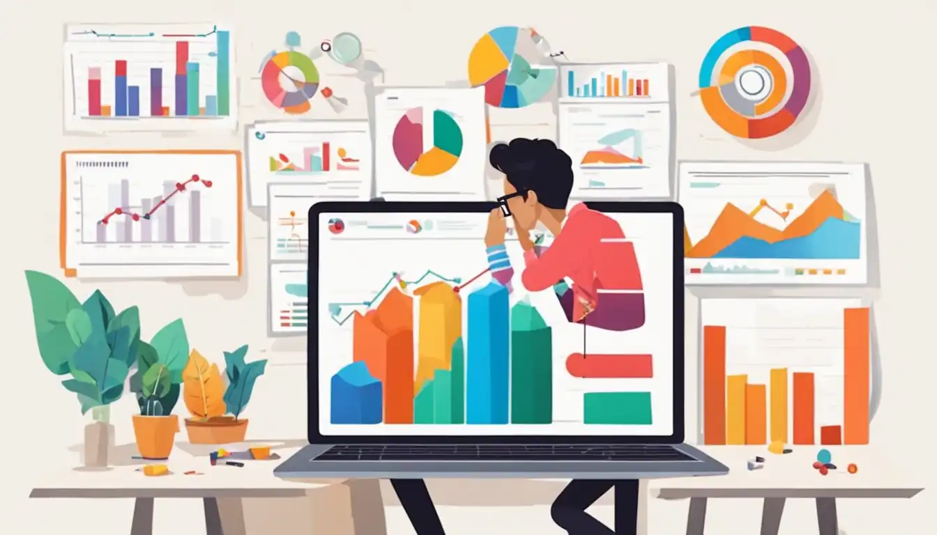 A person analyzing SEO content on a laptop, surrounded by colorful charts and graphs.