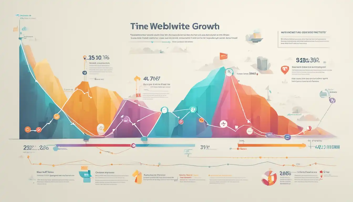 A colorful infographic showing a website's traffic growth over time, with upward trend lines and data points.