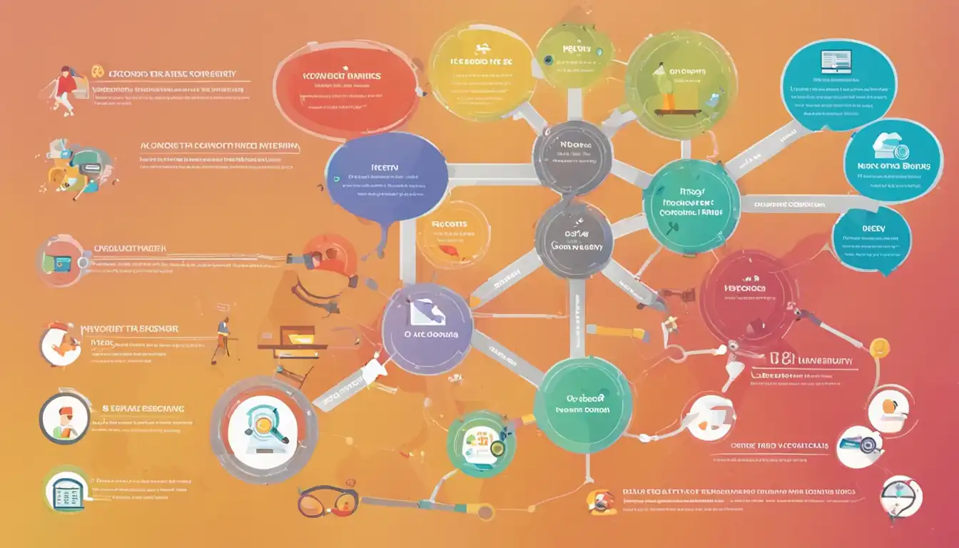 A colorful infographic showing the relationship between keyword research, content creation, and link building in SEO strategy.