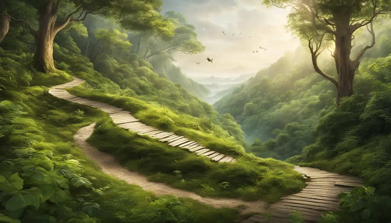 A serene landscape with a winding path through a lush forest, symbolizing the journey of SEO content management.