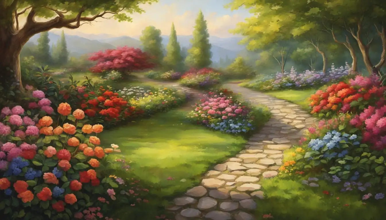 A serene landscape with a winding path leading through lush greenery and colorful flowers.