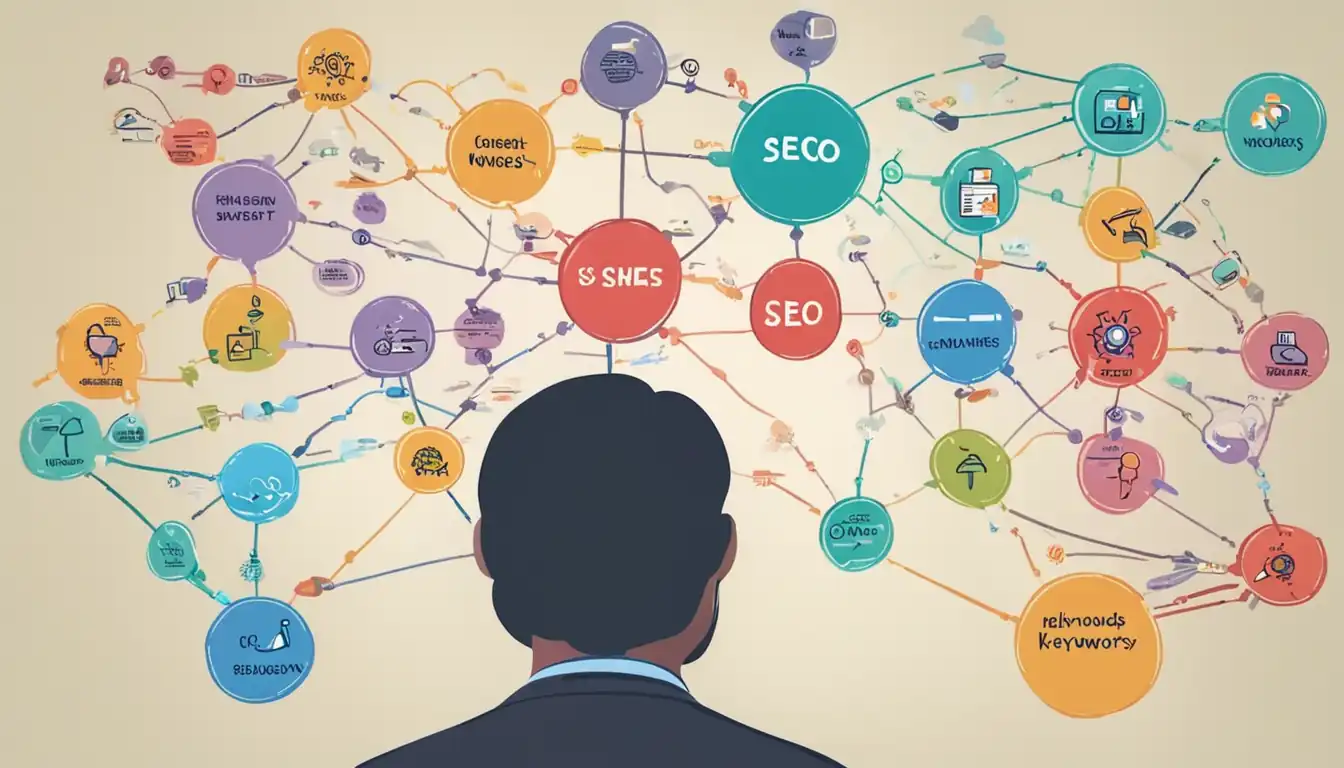 A person brainstorming SEO keywords on a colorful mind map with various interconnected branches and nodes.