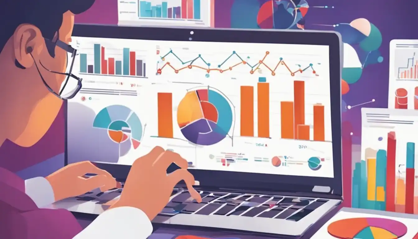 A person analyzing SEO data on a laptop, surrounded by colorful graphs and charts.