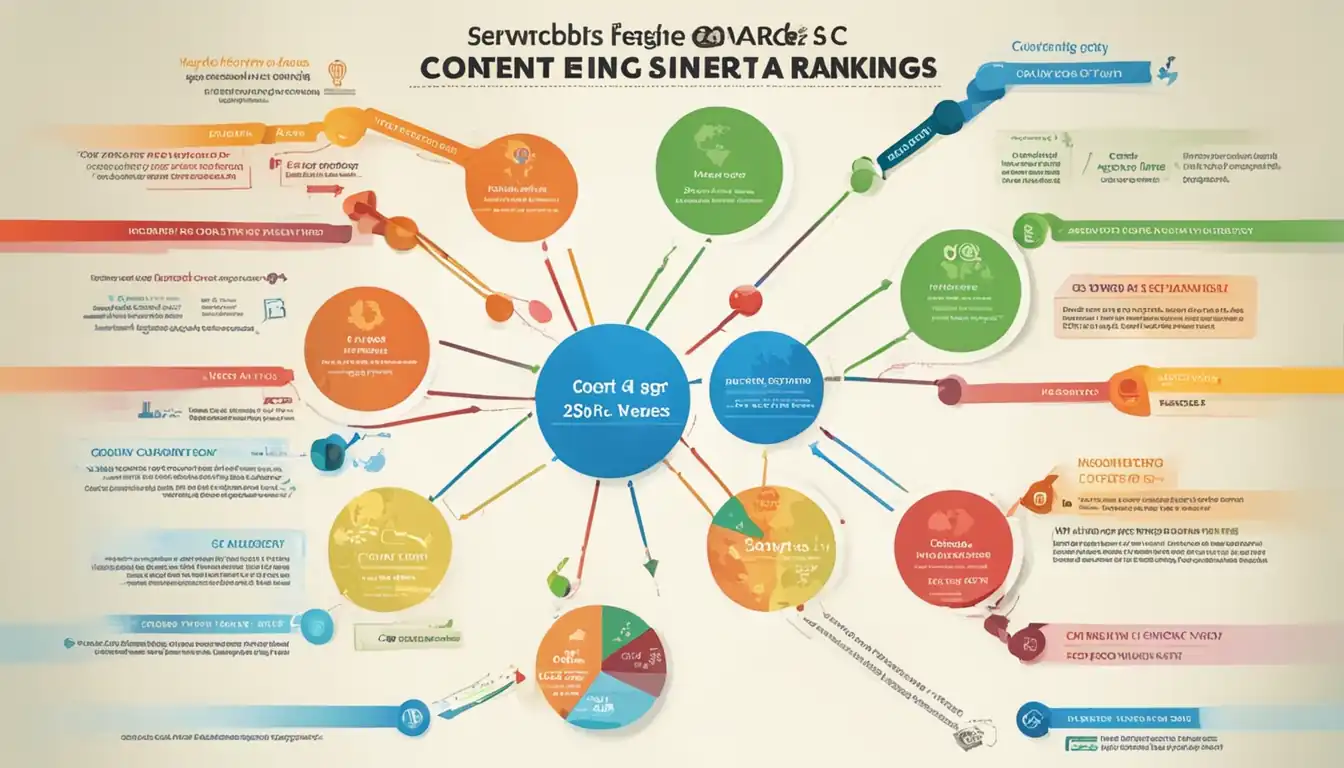 A colorful infographic showing the relationship between keywords, content, and search engine rankings.