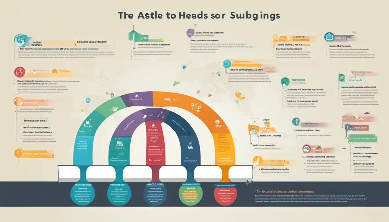 A colorful infographic showing the hierarchy of headings and subheadings in a well-structured SEO article.