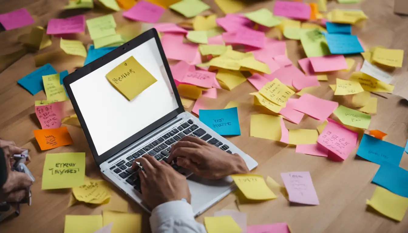 A person typing on a laptop surrounded by colorful sticky notes with keywords and phrases.