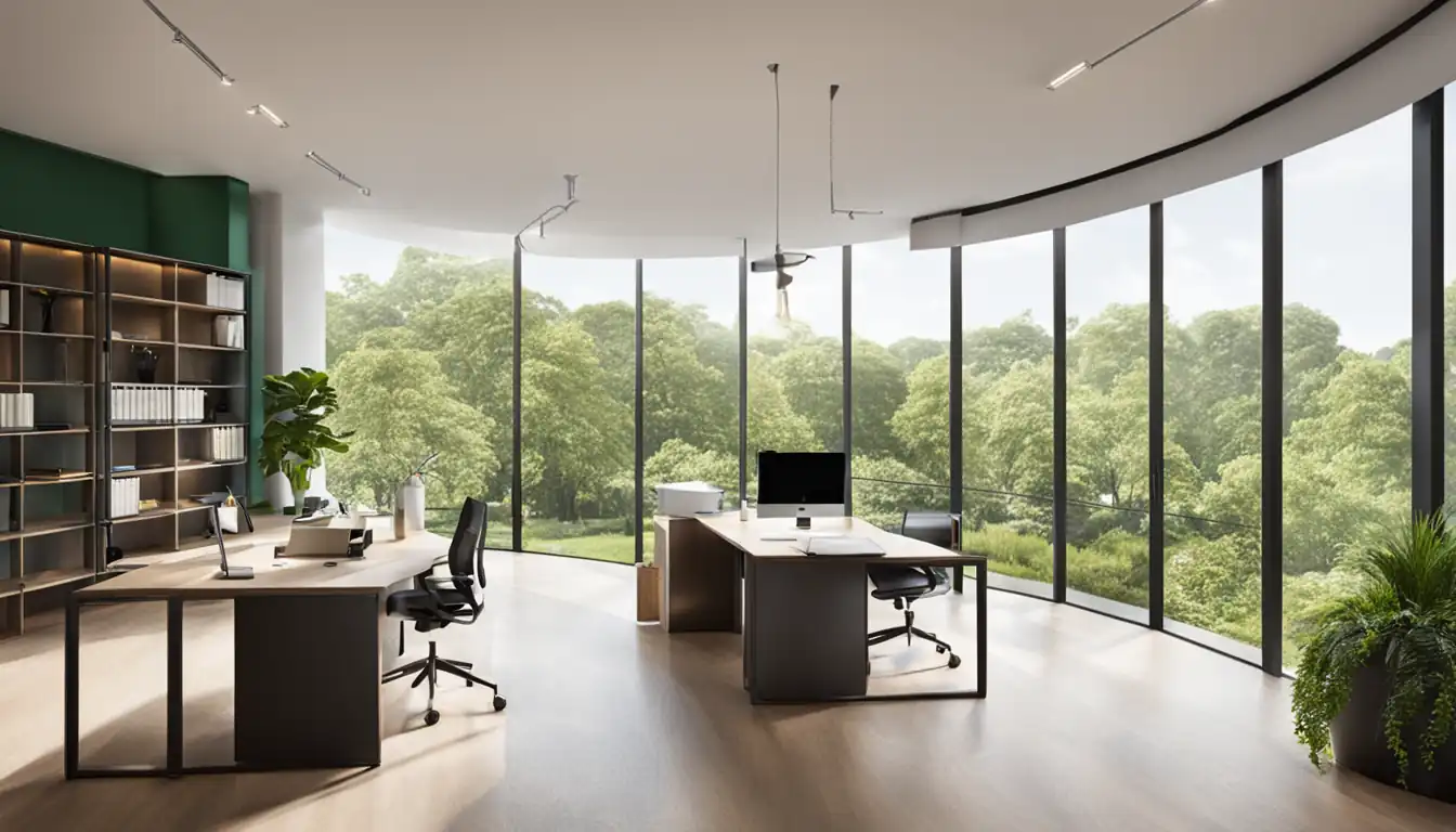 A serene, modern office space with a large window overlooking a lush green park.