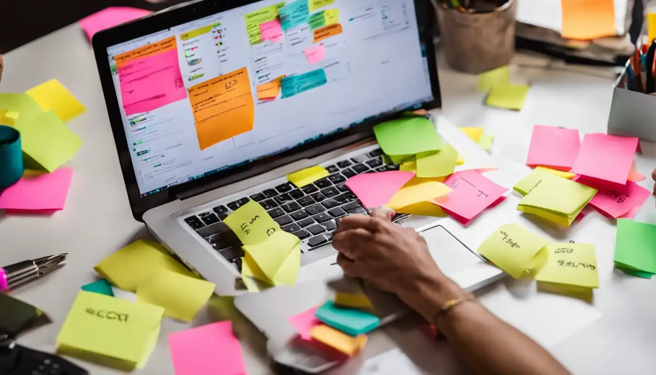 A person editing SEO content on a laptop, surrounded by colorful sticky notes and highlighters.