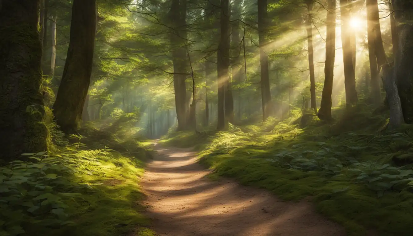 A serene forest path with sunlight filtering through the trees, showcasing natural beauty and tranquility.