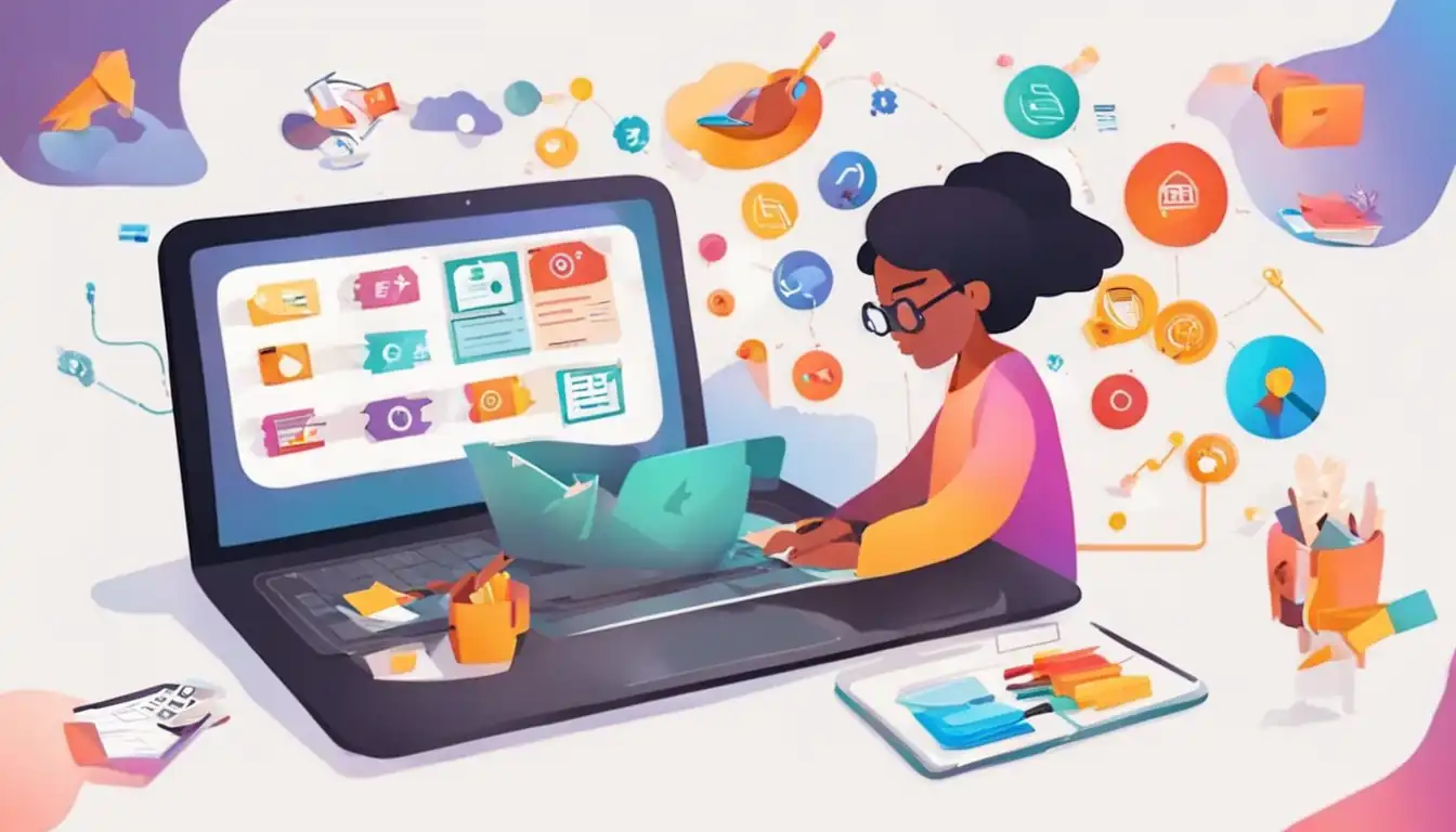 A person typing on a laptop surrounded by colorful SEO keywords and icons, representing content creation.