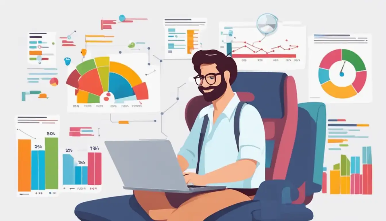 A person analyzing SEO data on a laptop with a satisfied expression, surrounded by colorful graphs.