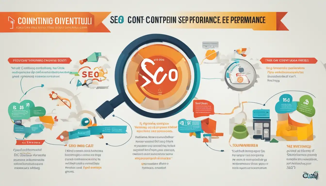 A colorful, visually appealing infographic showing the process of optimizing SEO content for higher performance.