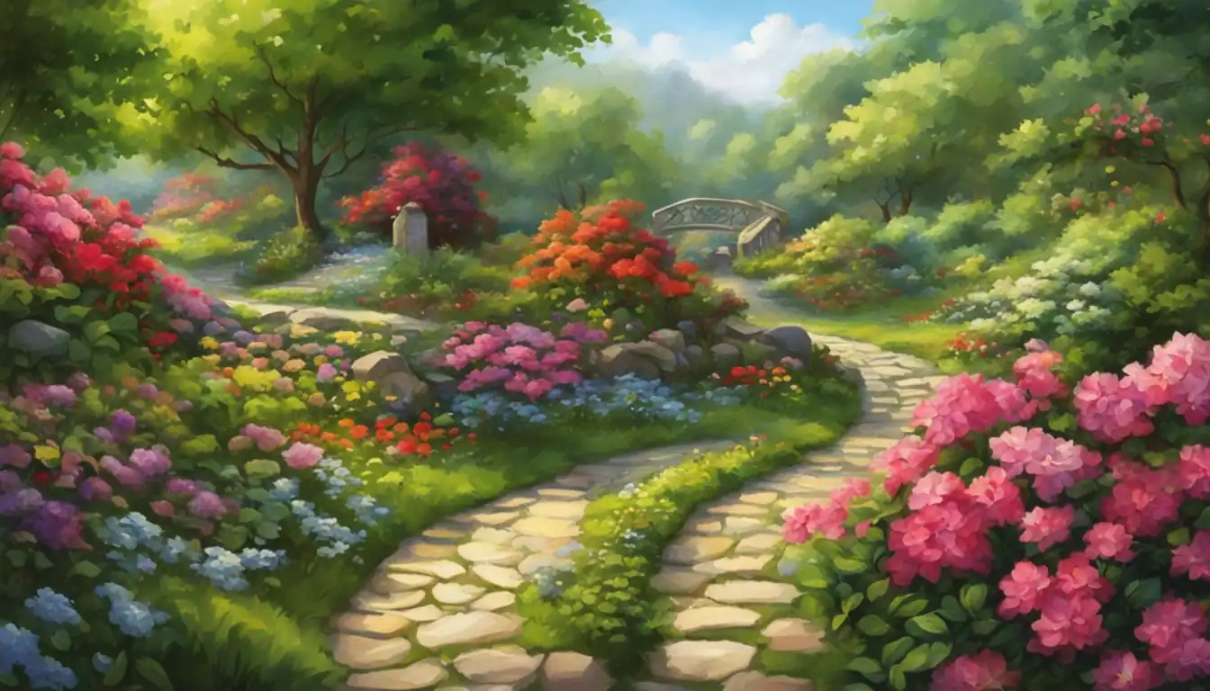 A serene landscape with a winding path leading through lush greenery and vibrant flowers.