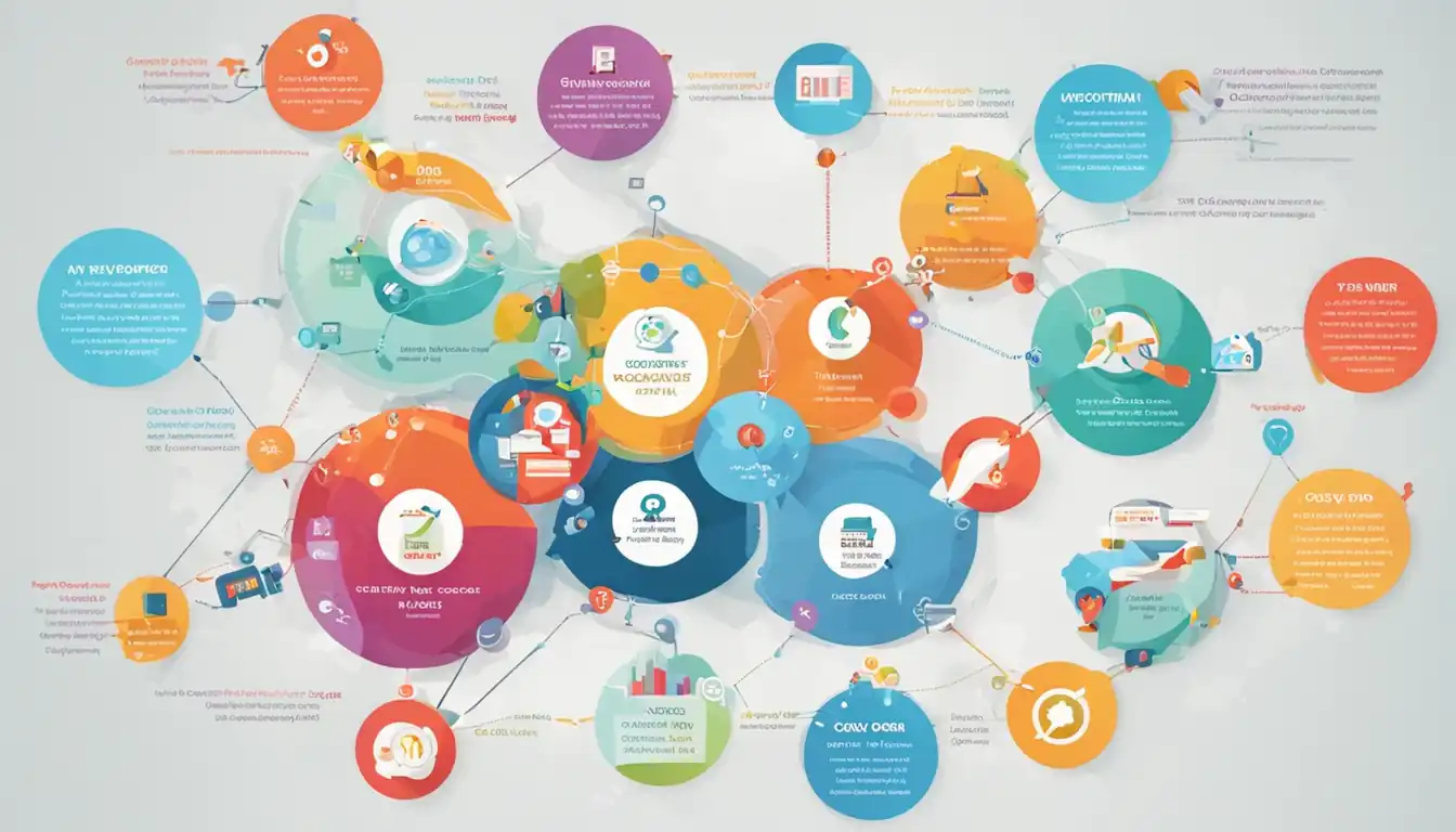 A vibrant, colorful infographic showing the interconnection between keywords, content, and search engine rankings.