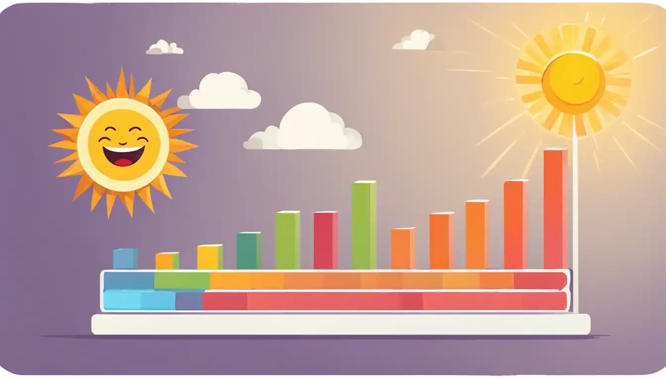 A colorful bar graph showing a steady increase in website traffic over time, with a smiling sun in the background.