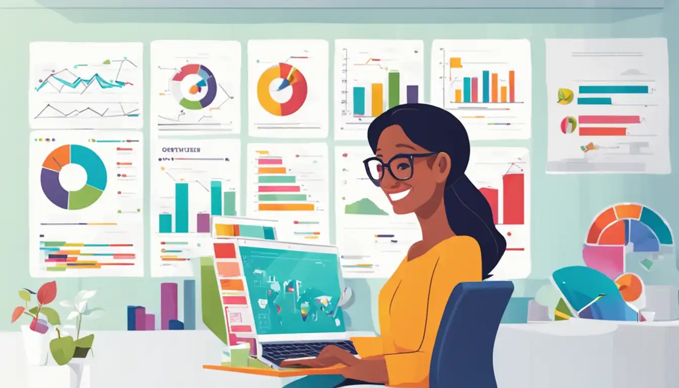 A smiling woman using a laptop, surrounded by colorful charts and graphs, symbolizing data-driven SEO content personalization.