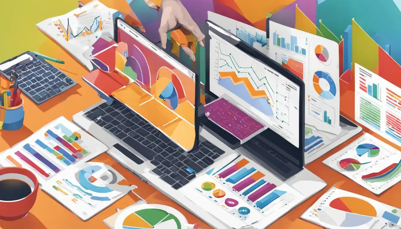 A person using a laptop surrounded by colorful charts and graphs, illustrating data-driven SEO content personalization.