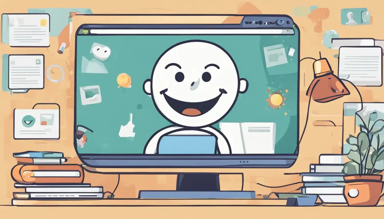 A smiling cartoon character surrounded by personalized search results on a computer screen.