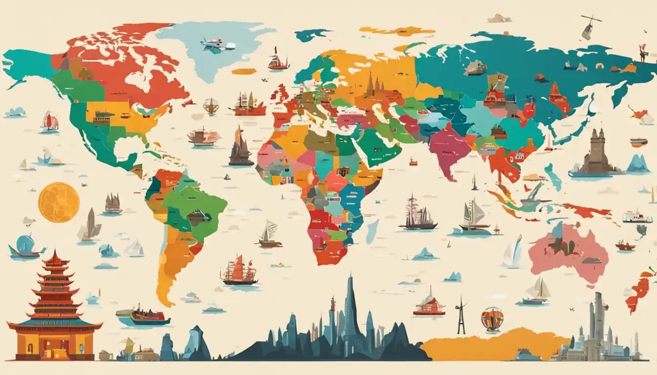 A colorful world map with diverse landmarks representing different regions, symbolizing global reach and localization.