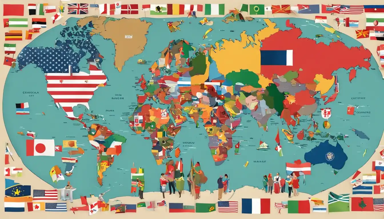 Colorful map with flags representing different countries, surrounded by diverse group of people collaborating.