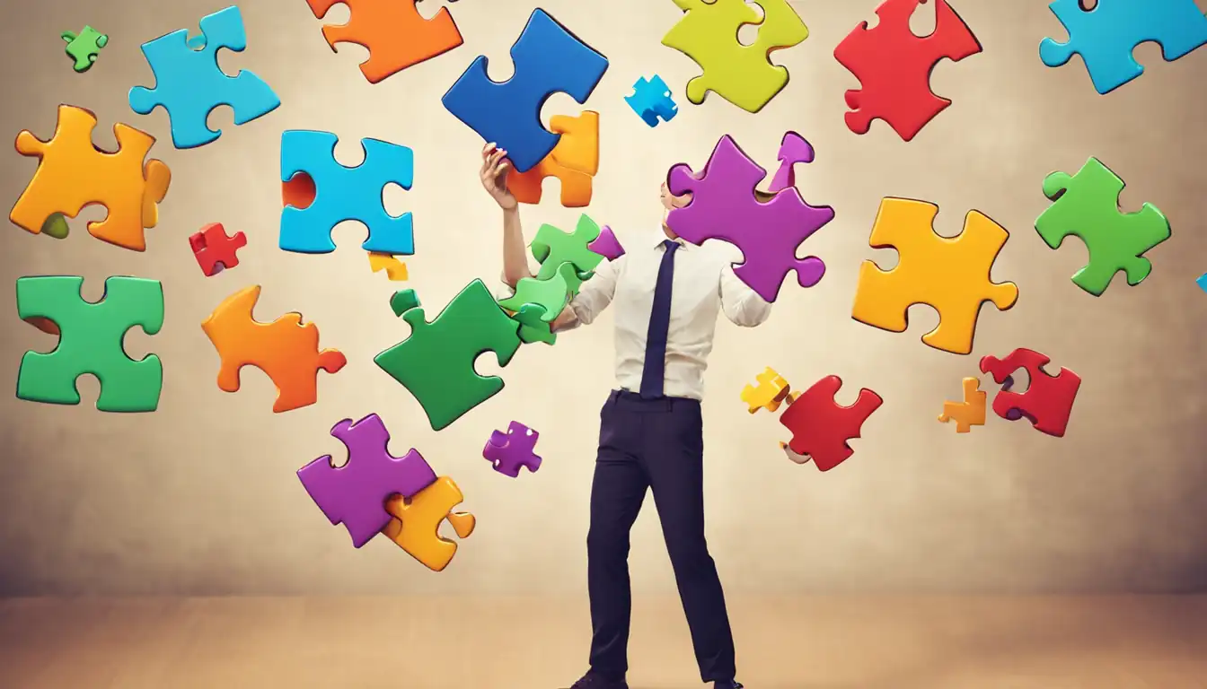 A person juggling multiple colorful puzzle pieces representing different aspects of SEO content curation challenges.