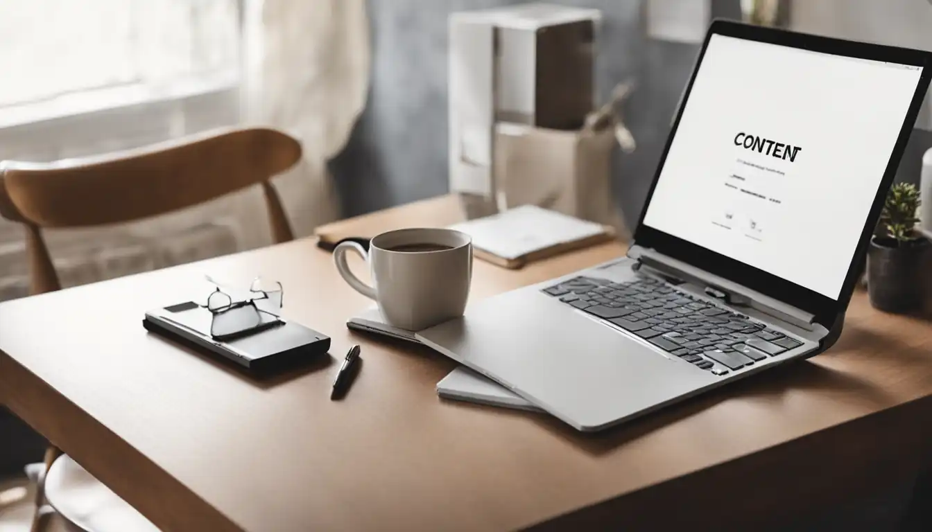 A serene, organized desk with a laptop, notebook, and coffee mug, symbolizing content curation planning.