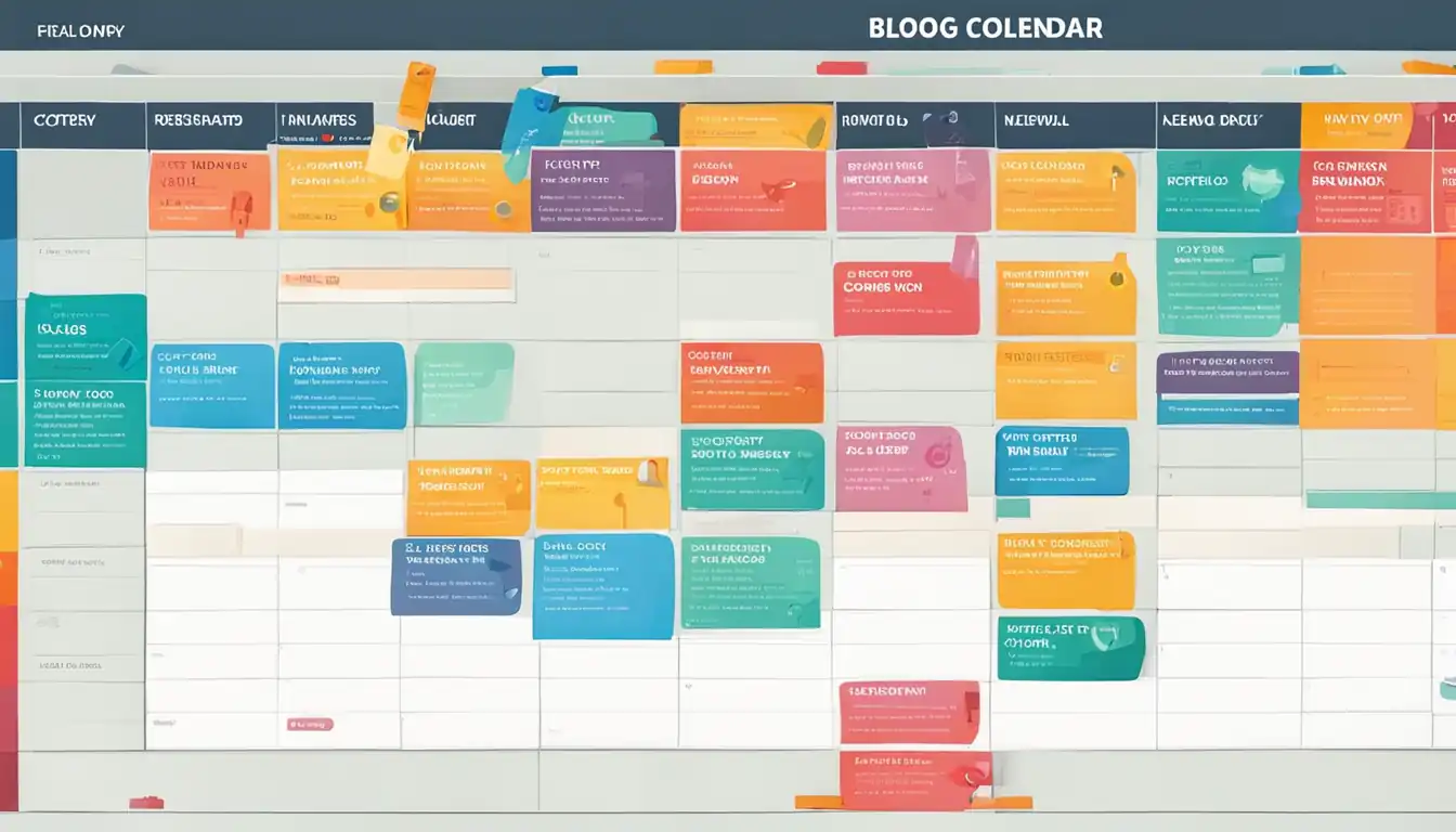 A colorful editorial calendar with labeled sections for blog posts, social media, and keywords.