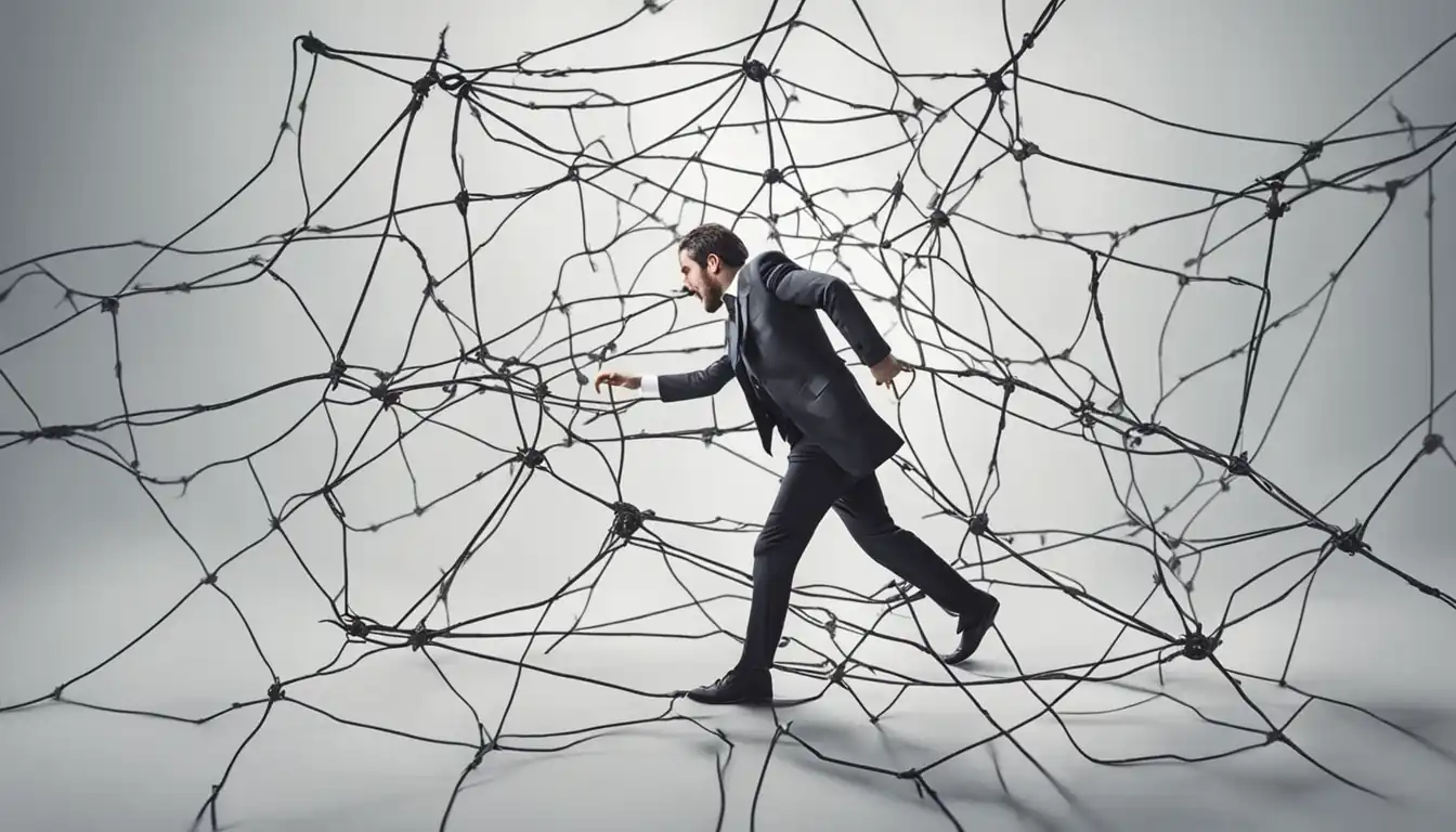 A person tangled in a web of keywords, struggling to find a clear path for SEO content.