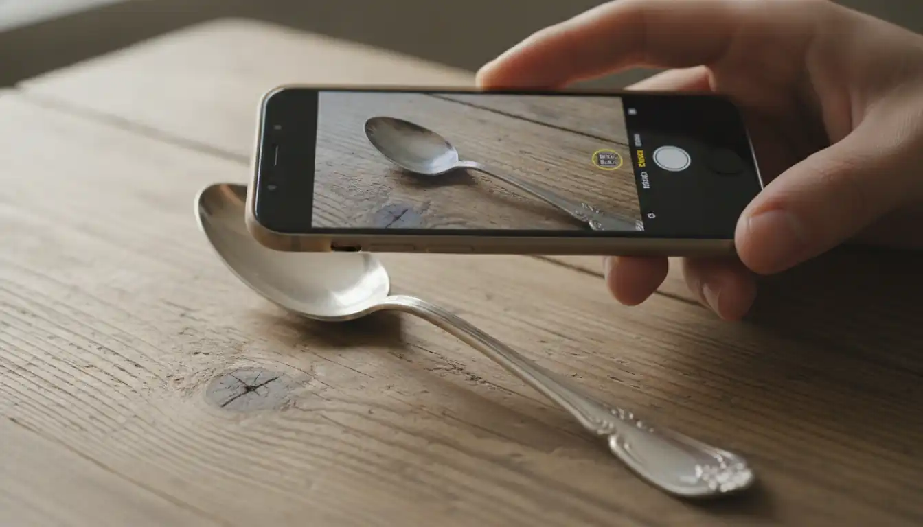 A person using a smartphone to photograph a hallmark stamp on an antique silver spoon.