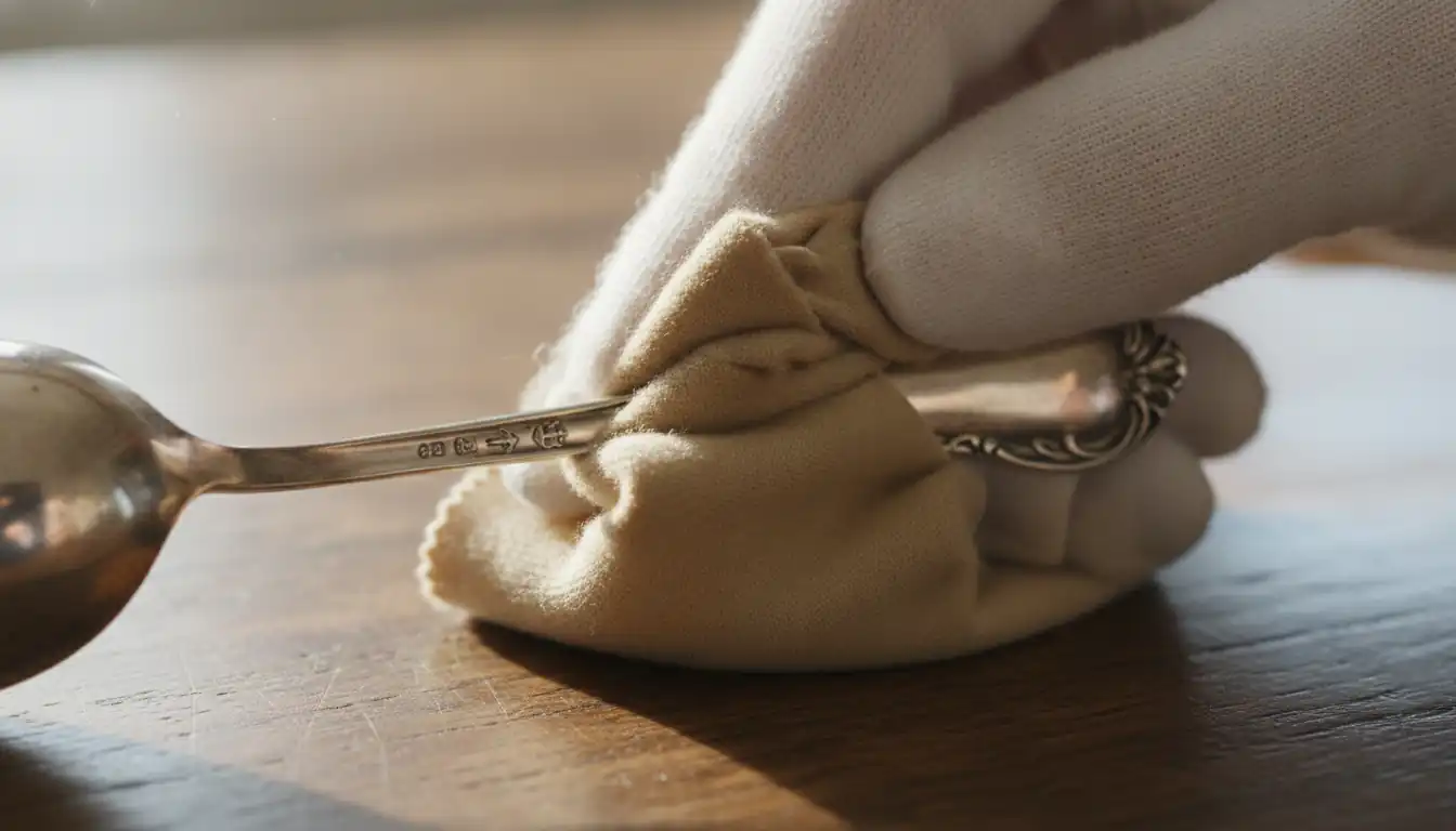 Gloved hands carefully polishing hallmarks on the back of an antique silver spoon with a soft cloth.