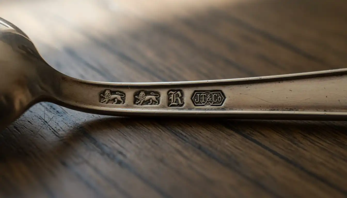 Extreme close-up of hallmarks stamped on the back of an antique silver spoon handle.
