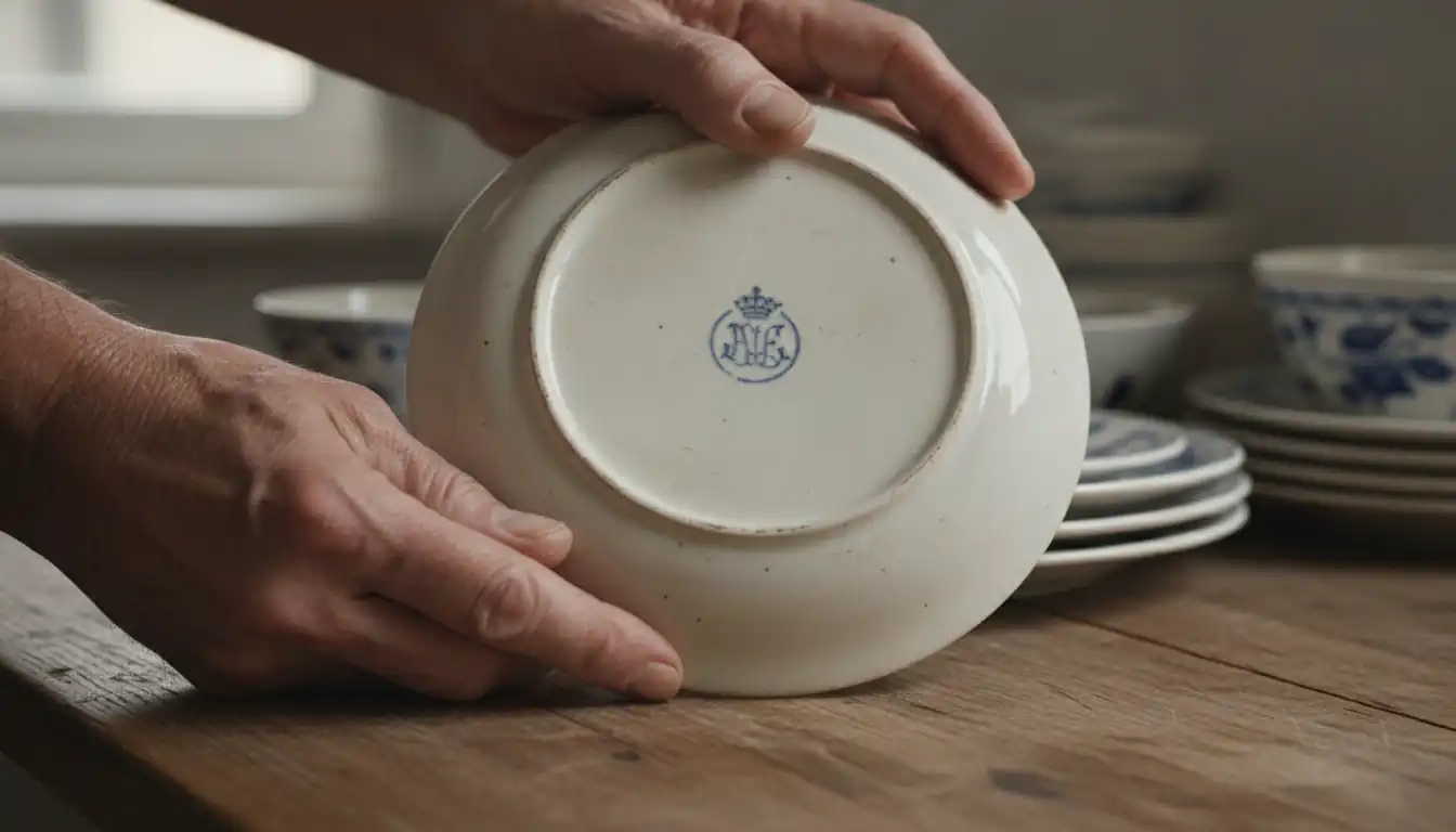 Hands holding an antique blue and white ceramic plate upside down to show the maker's mark.