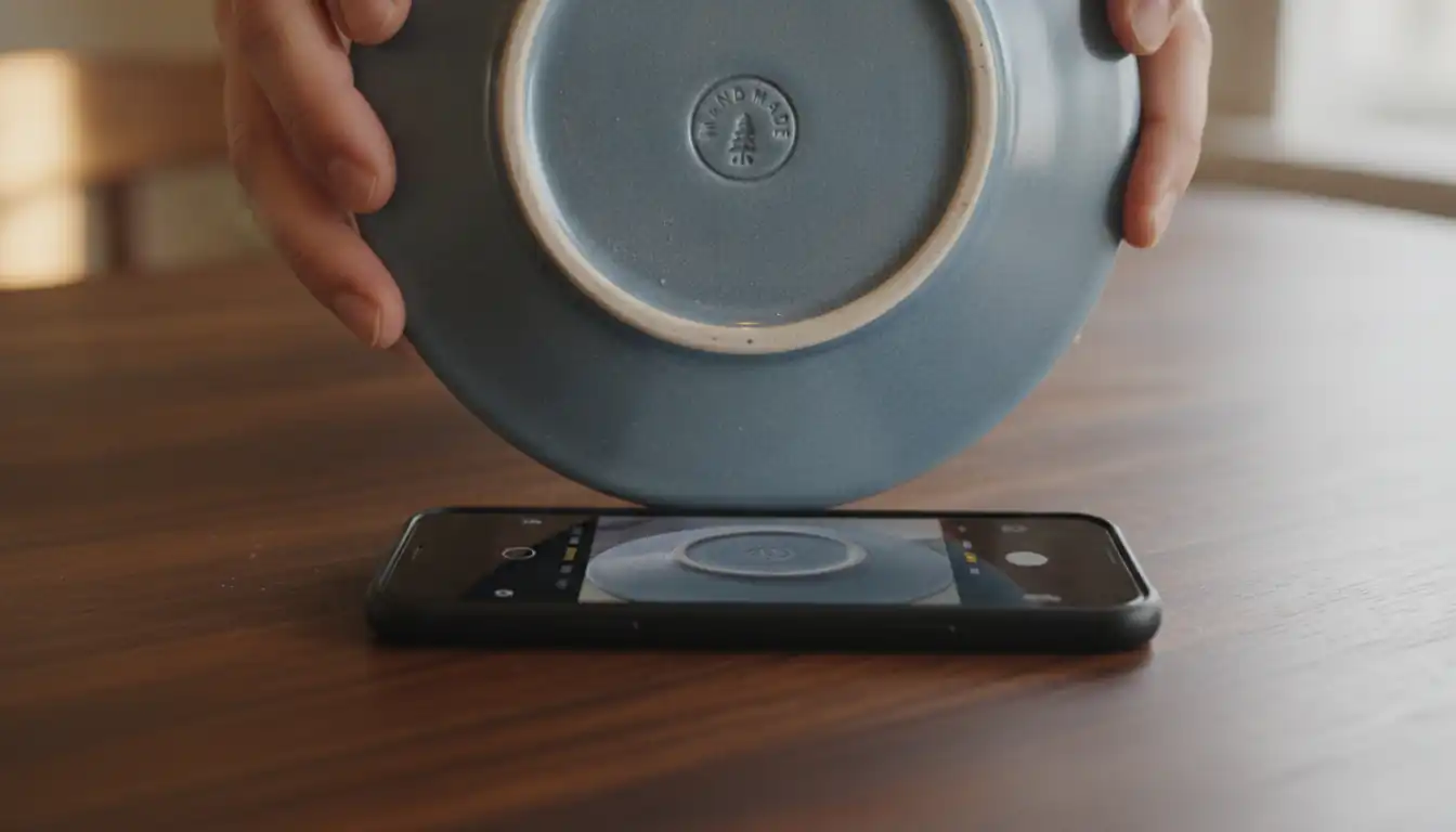 Hand holding a smartphone to take a photo of a maker's mark on a blue ceramic plate.