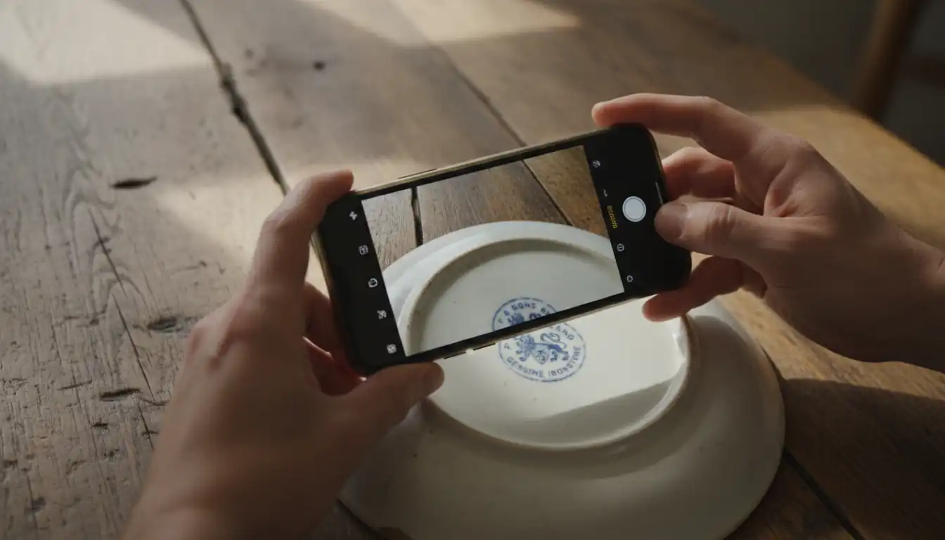 A person using a smartphone camera to identify a blue mark on the bottom of an antique porcelain plate.