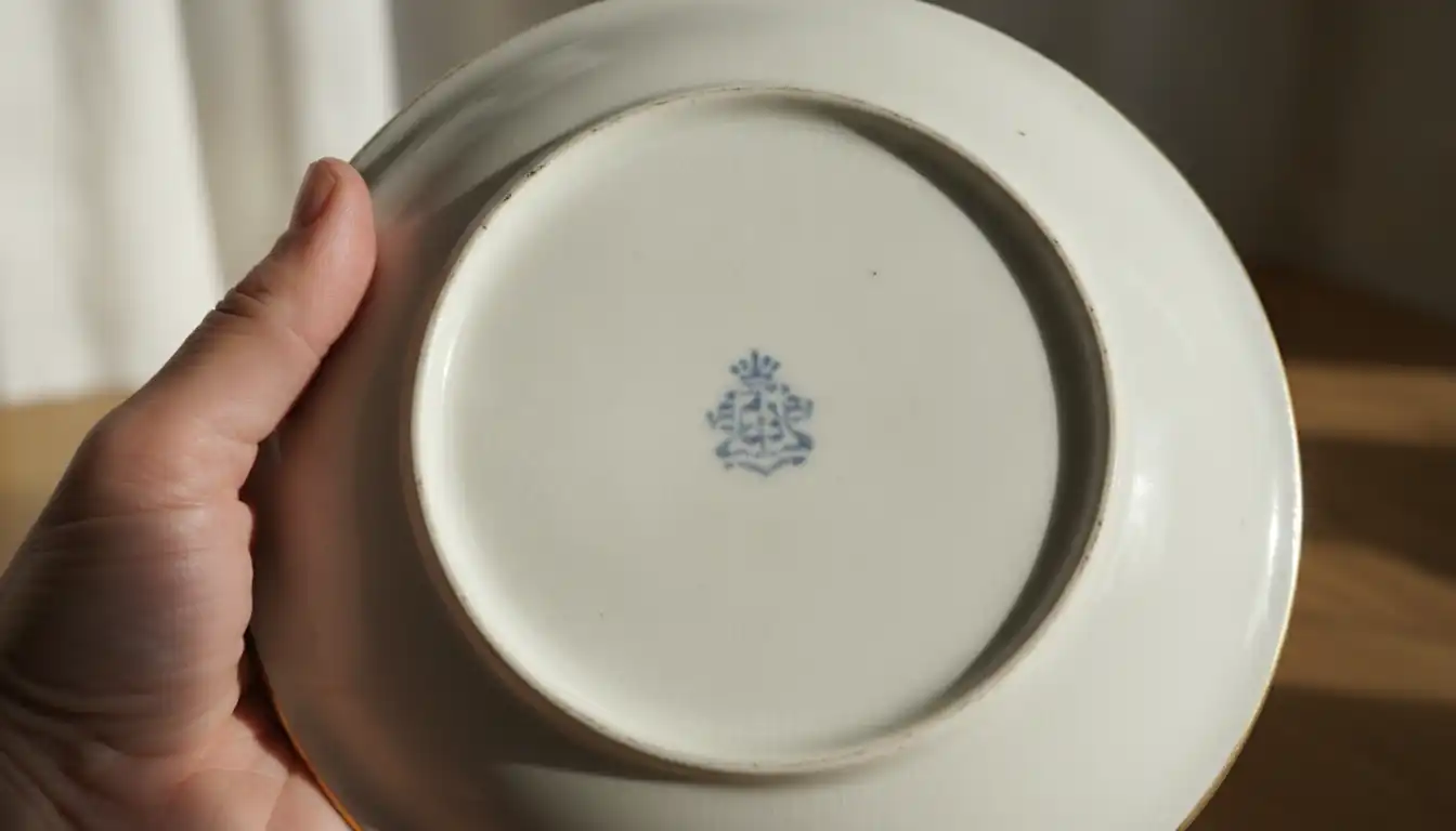 Close-up of a hand holding an antique porcelain plate to show a maker's mark on the bottom.