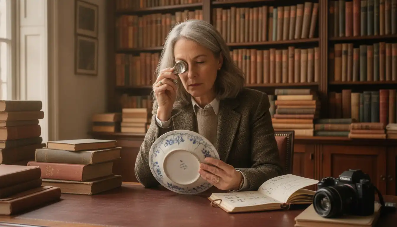 Professional appraiser using a magnifying loupe to examine the mark on a porcelain plate at a desk.