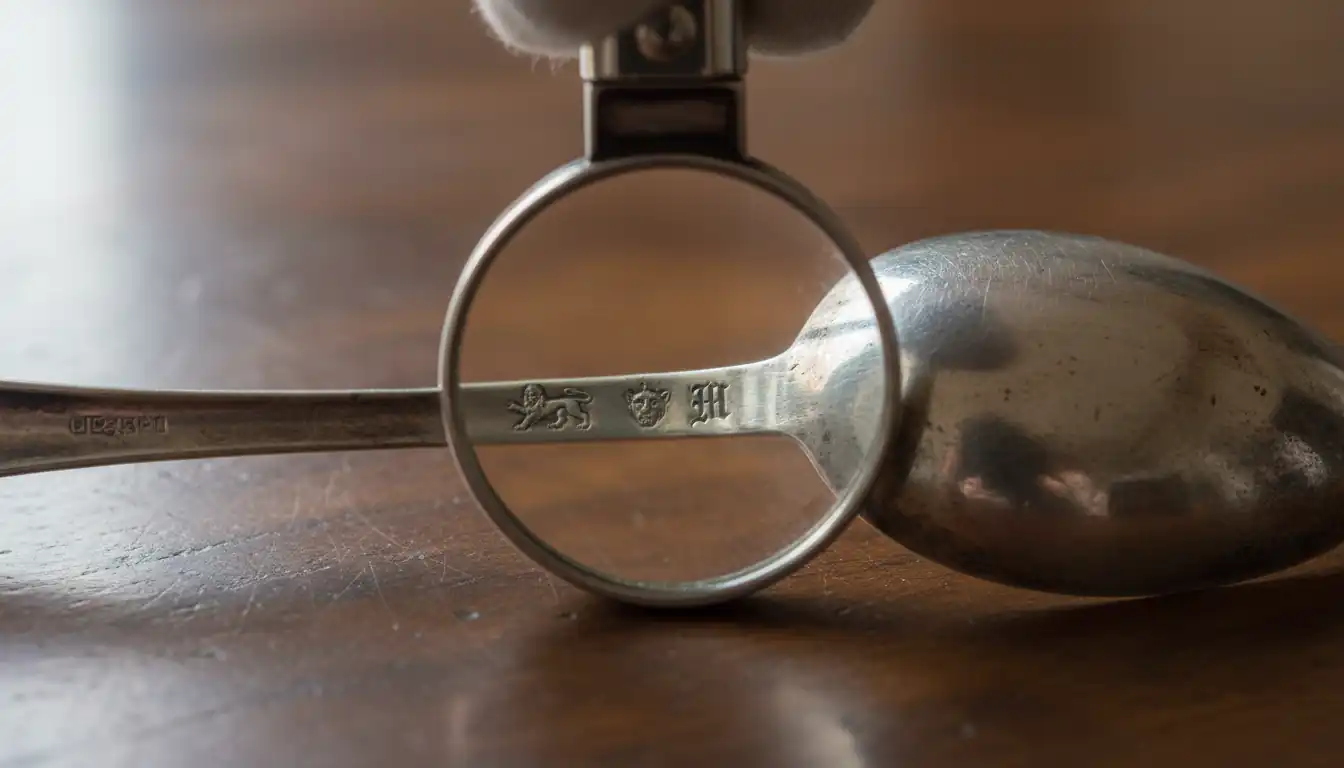 Macro shot of silver hallmarks on a vintage spoon viewed through a magnifying loupe.