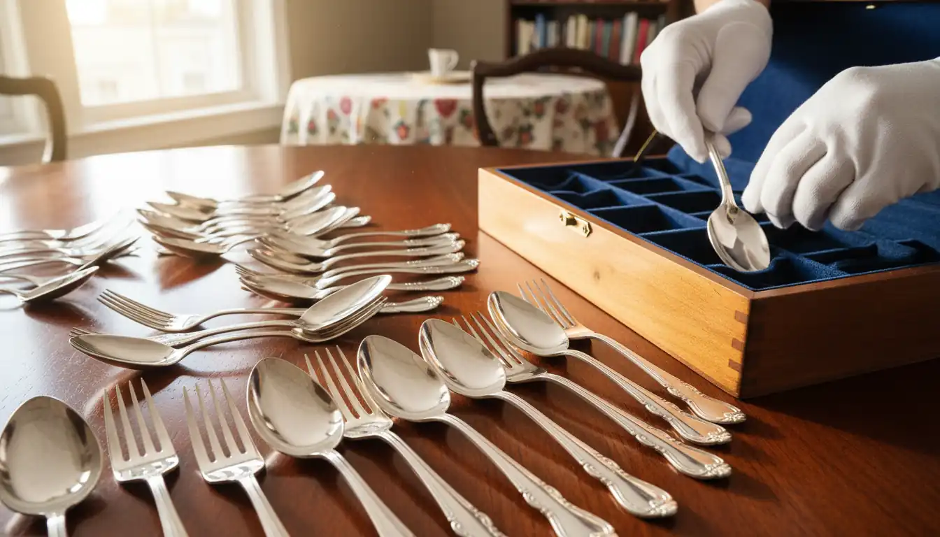 Person in white gloves placing polished sterling silver spoons into a felt-lined wooden storage chest.