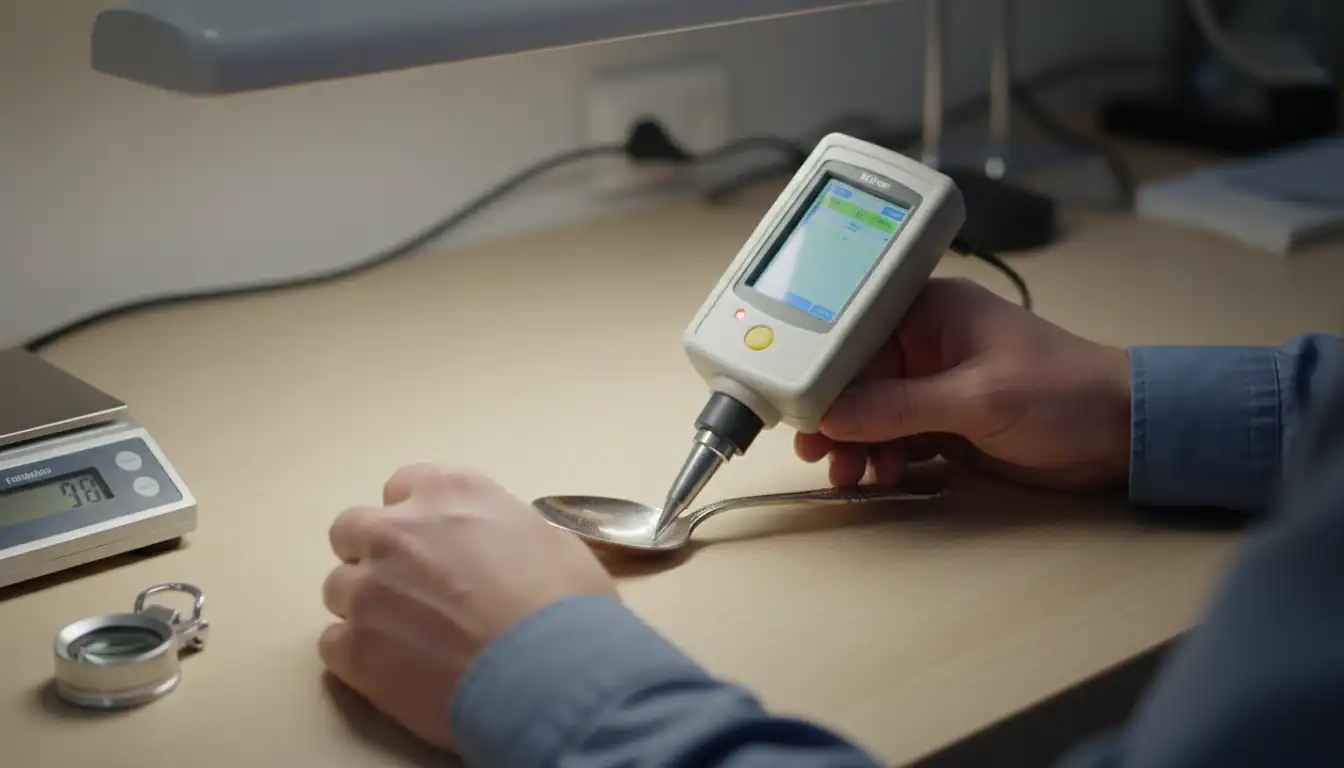A person using a handheld XRF analyzer to test the metal composition of a silver spoon.