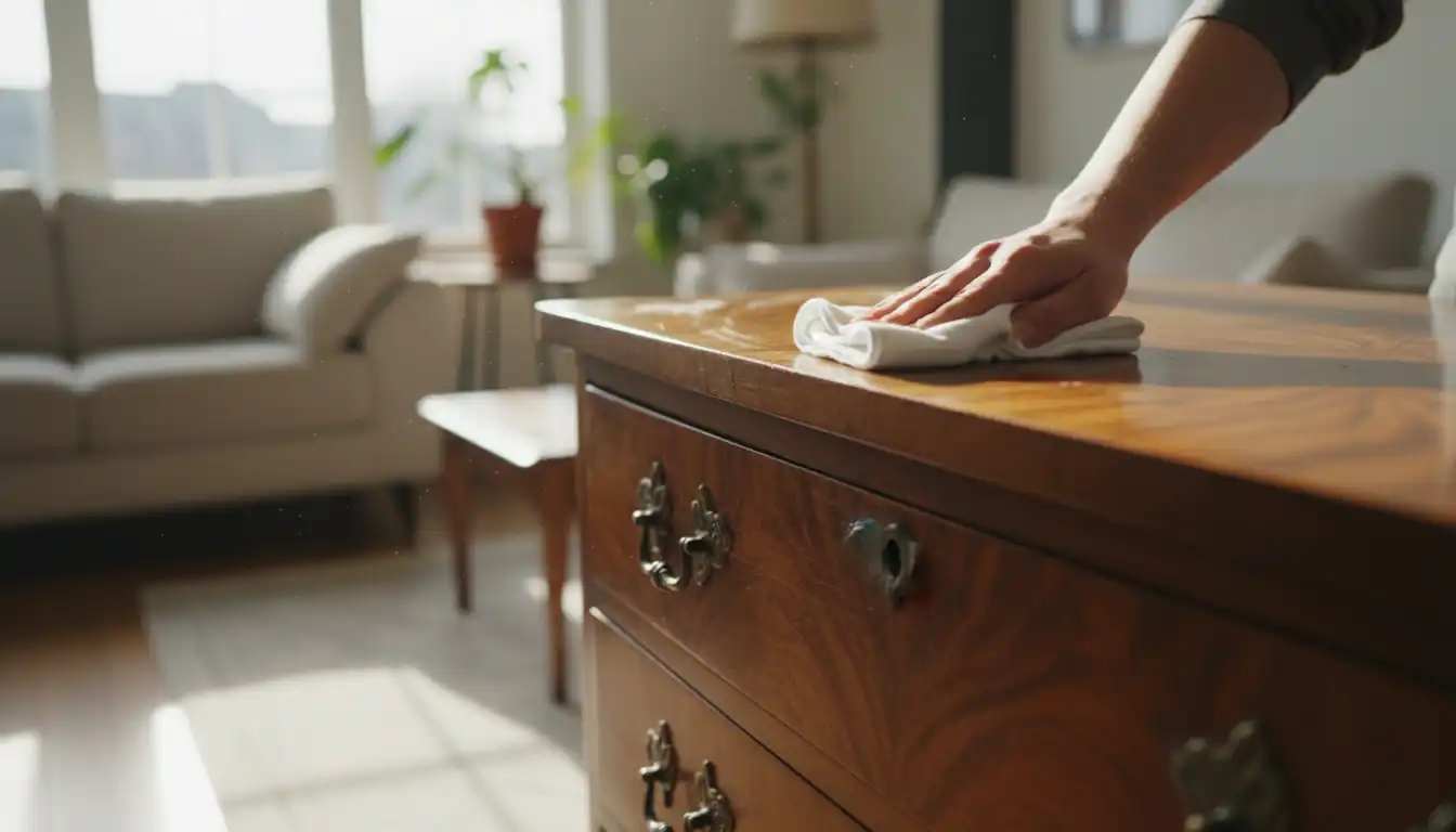 Hands applying wax to an antique wooden dresser in a sunlit room to preserve its finish.