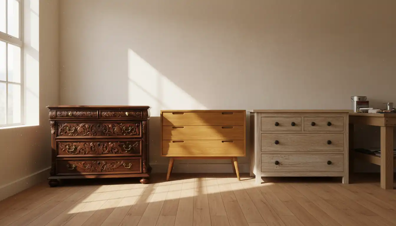 Three antique dressers of different historical styles lined up in a sunlit furniture showroom.